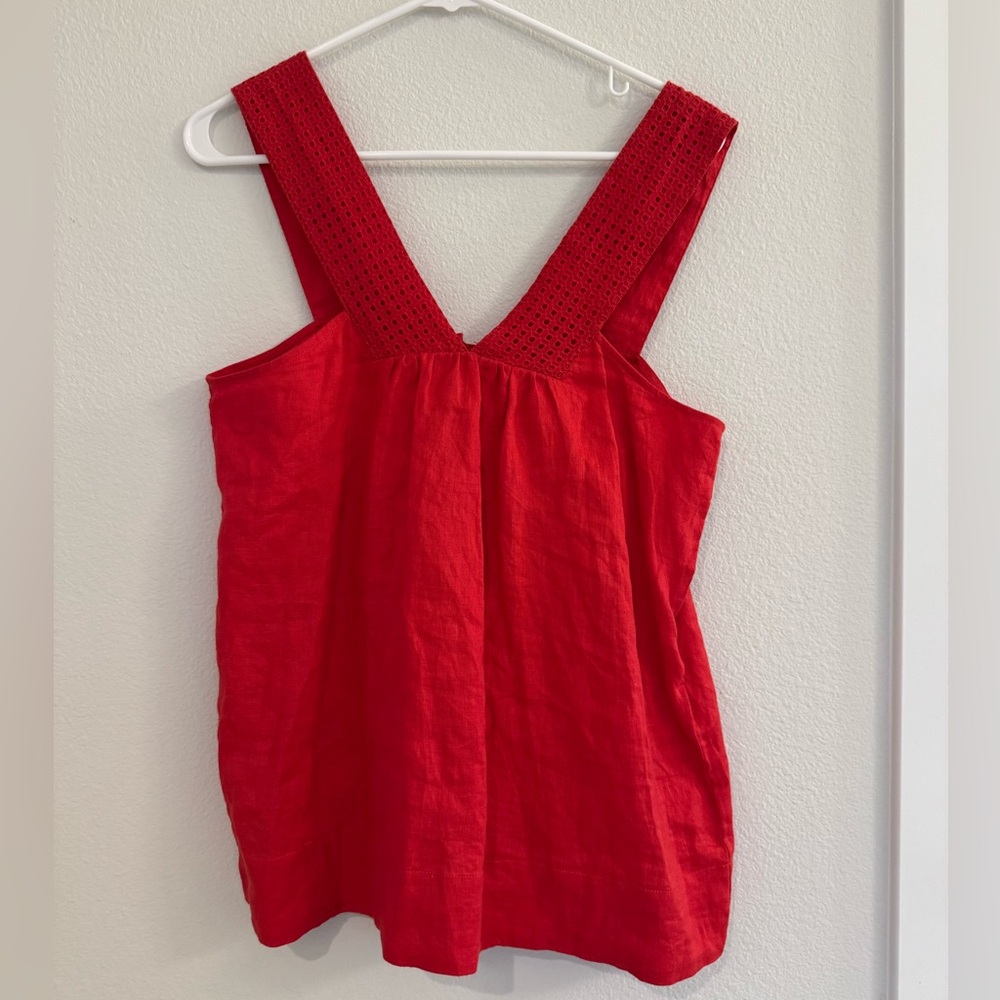 J. Crew Women’s Red Linen Lace Shell Sleeveless Top Coastal Grandmother NWOT 4